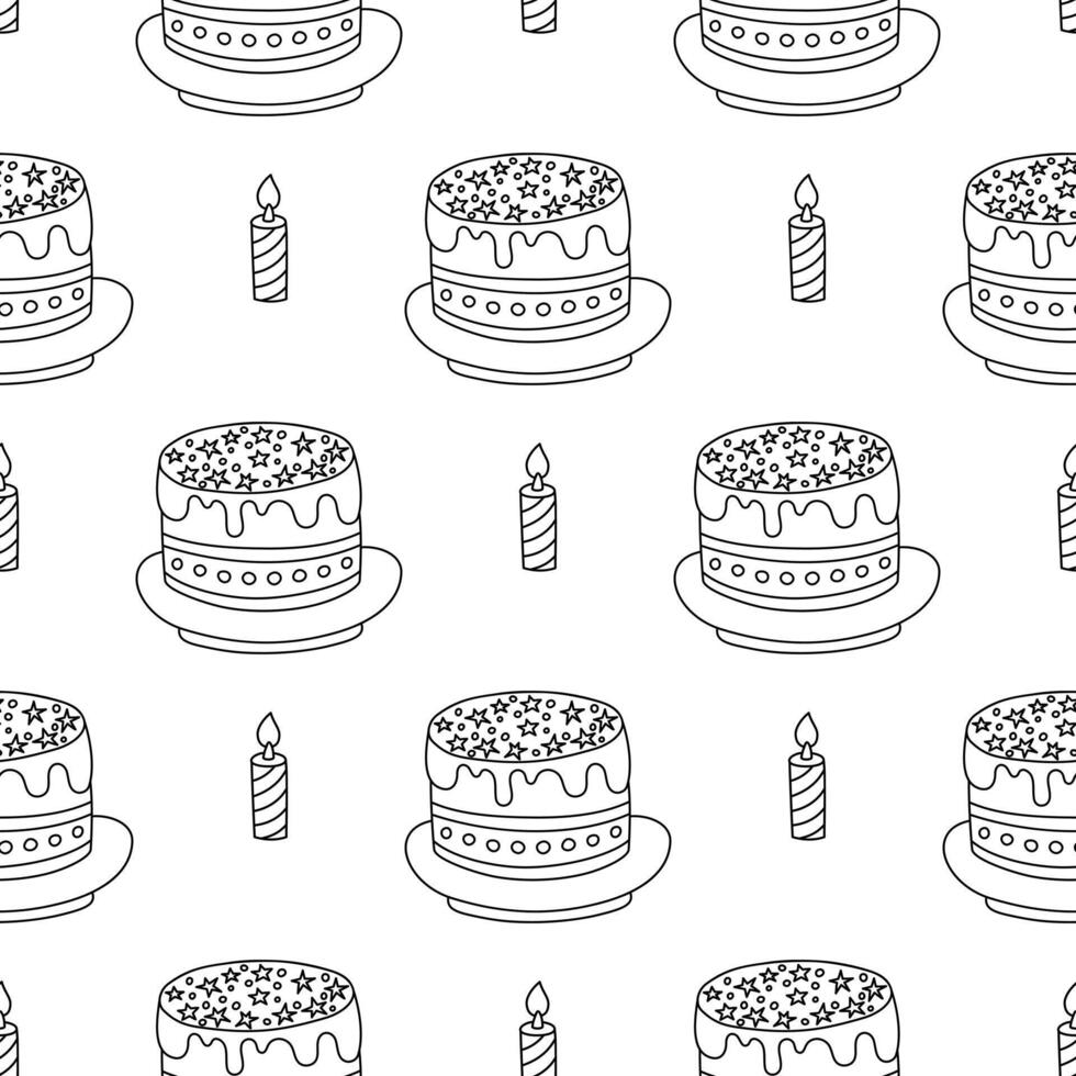 Hand drawn seamless black and white pattern featuring birthday cakes with candles and decorative stars. Monochrome festive background for design, print. vector