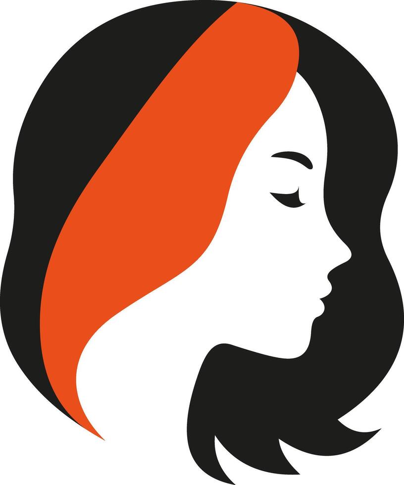 Woman's profile with red streak in black hair, a beauty icon showing a stylized female silhouette with a distinctive colored highlight vector