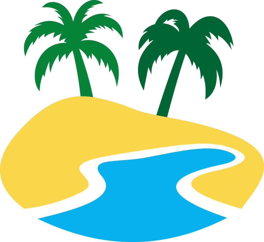 Palm trees on a sandy island with a blue river, a tropical vacation icon showing a serene landscape with water and foliage vector