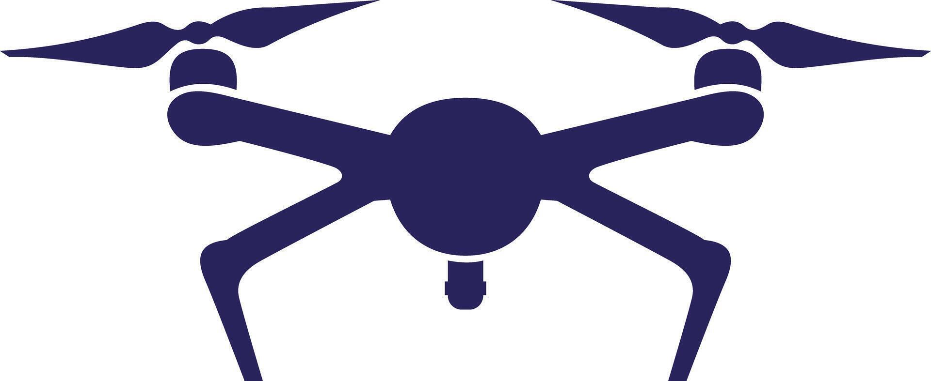 Dark blue drone icon with propellers, simplified aerial vehicle symbol showing quadcopter with extended arms and central body vector