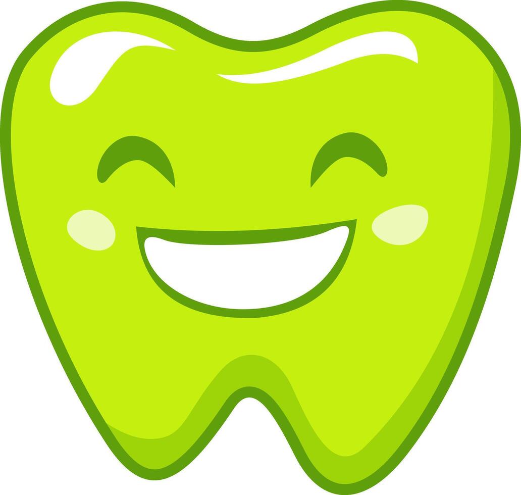 Green tooth with happy smile, friendly dental icon showing clean, healthy tooth with bright white highlights and cheerful face vector