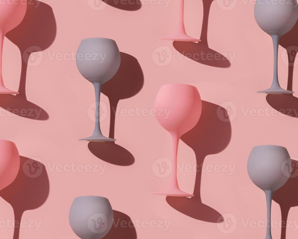 Minimal trend pattern from pink and blue colored wine glasses on pink background, monochrome geometric stylish layout of goblets. Entertainment, event, party concept. Abstract alcohol drinks photo