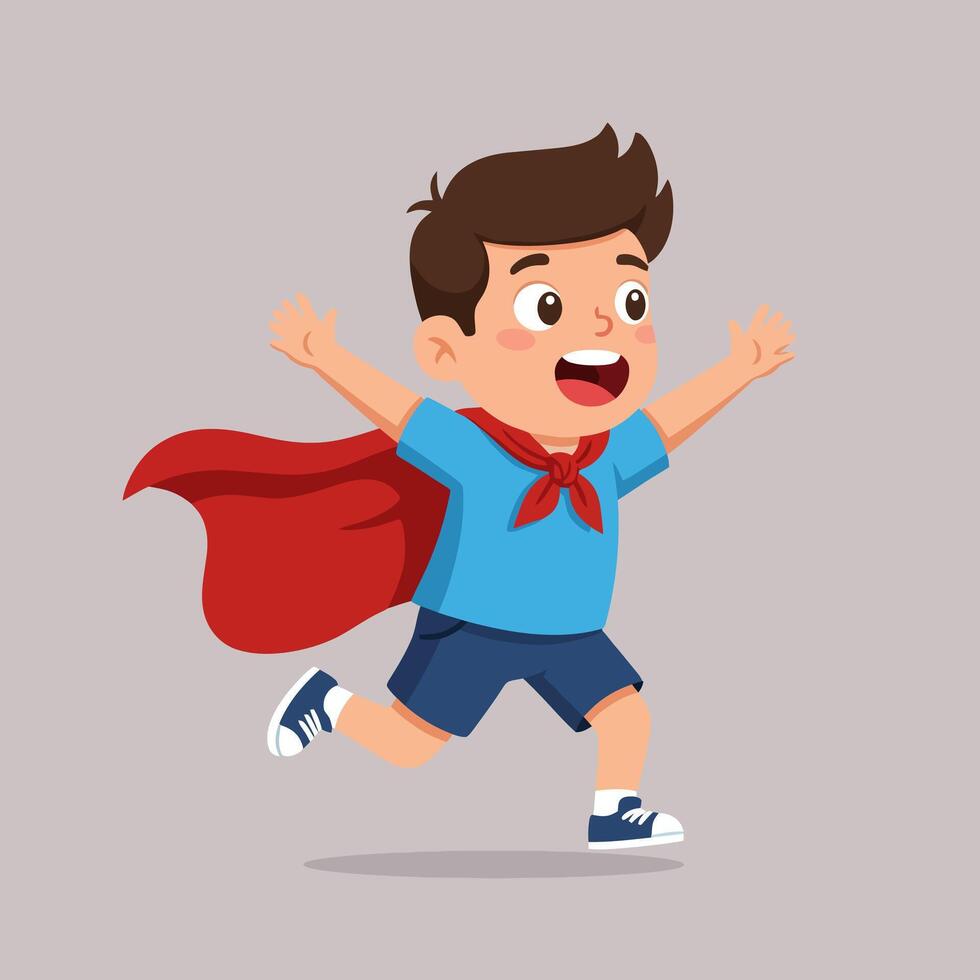 Cartoon Boy Running with Cape and Arms Outstretched in Excitement vector