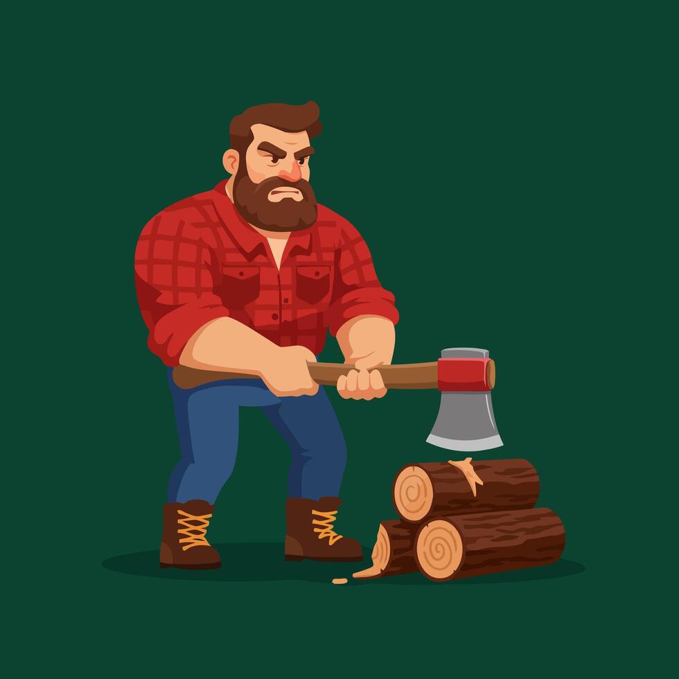 Cartoon Lumberjack Chopping Wood with an Axe Illustration on Green Background vector