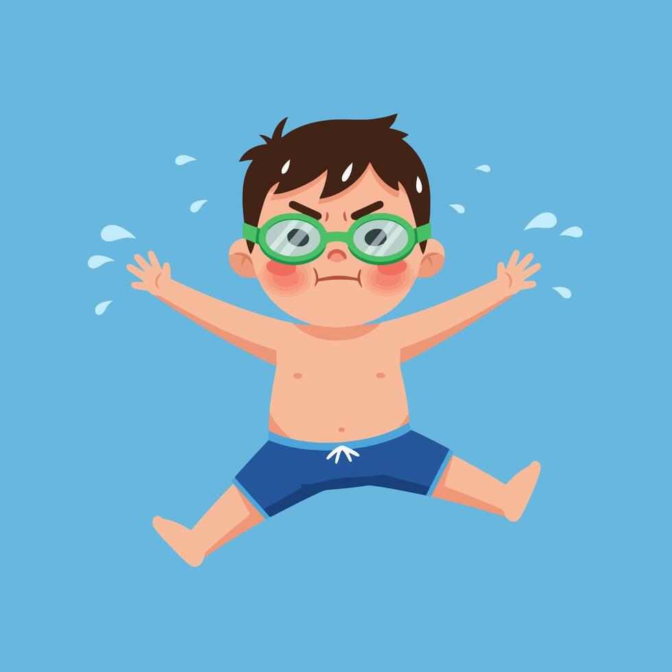 Boy Swimming with Goggles in Blue Water Spreading Arms Happy vector