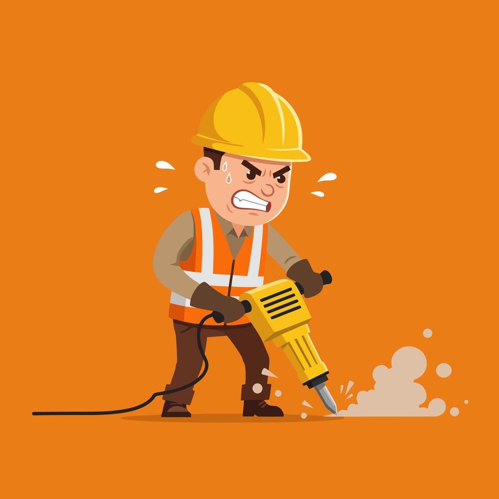 Construction Worker Using Jackhammer on Orange Background Expressing Frustration vector