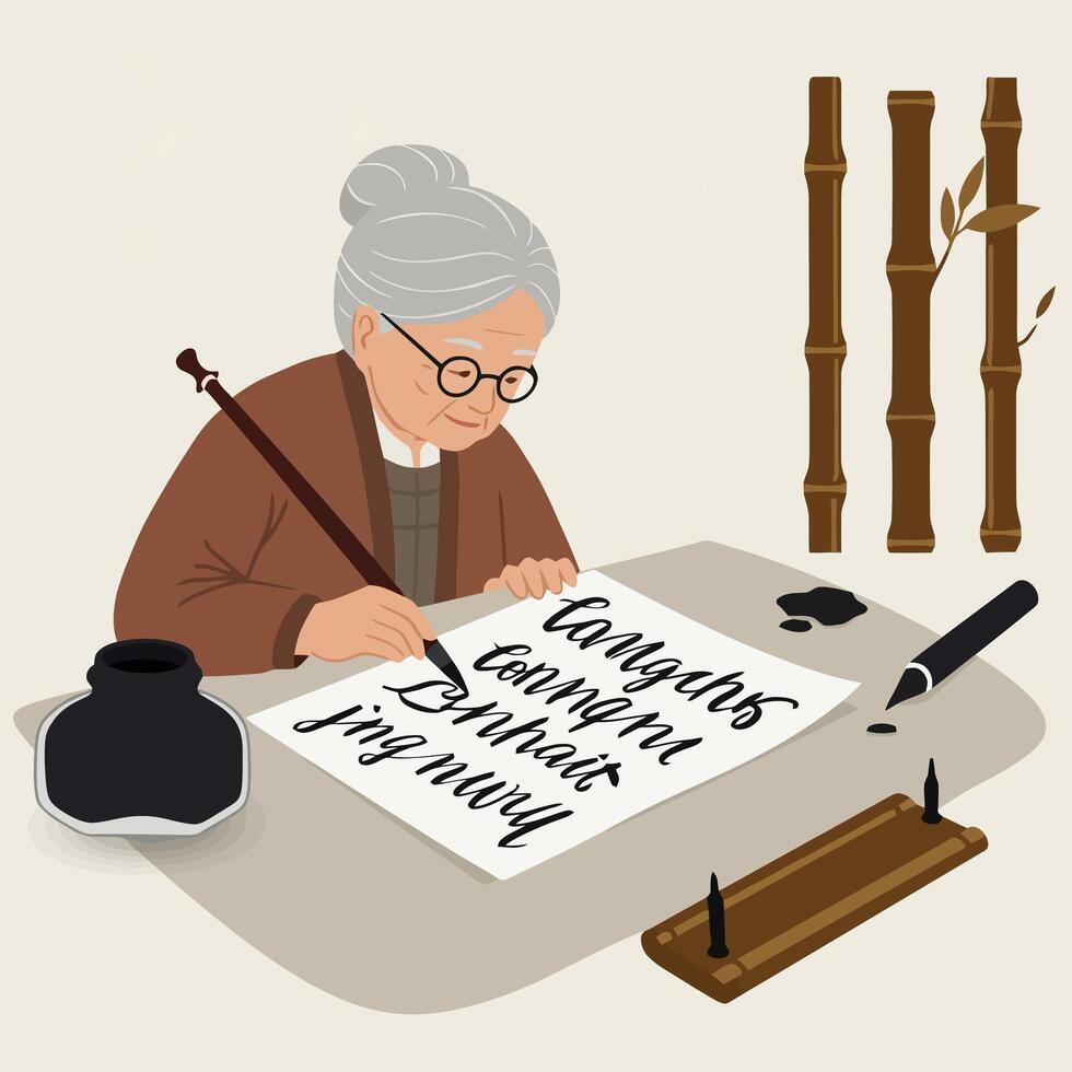 Senior Woman Practicing Calligraphy with Brush and Ink on Paper vector