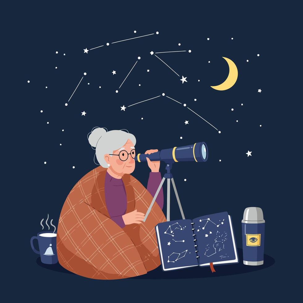 Woman Watching Stars Through Telescope Under Night Sky Illustration vector