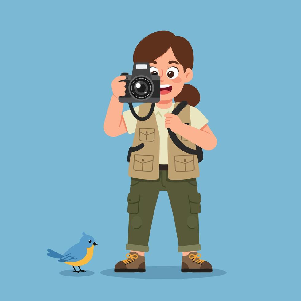 Cartoon Character Taking Photo of Bird with Camera Illustration vector