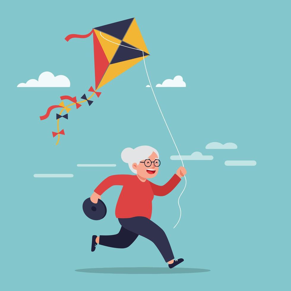 Senior Woman Running with Kite on Sunny Day Having Fun vector