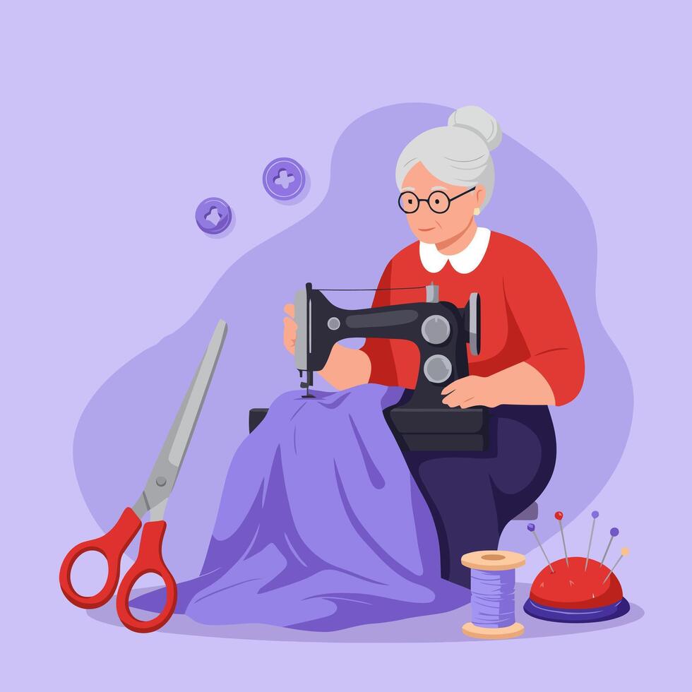 Woman Sewing Using Machine with Fabric Buttons and Sewing Tools vector