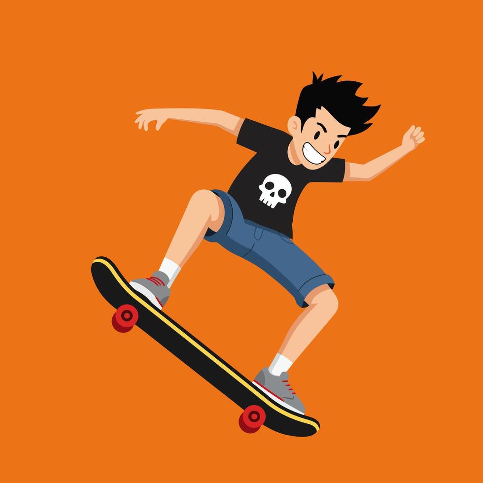 Boy Skateboarding with Energy and Style on Orange Background Illustration vector