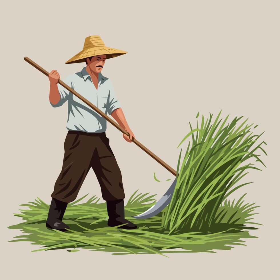 Farmer Cutting Grass with Scythe in Field During Harvest Time vector
