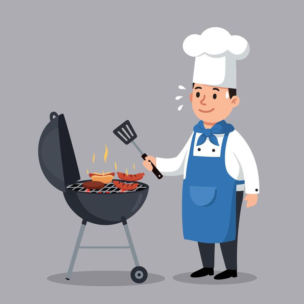 Chef Grilling Hotdogs and Sausages on Barbecue During Outdoor Cooking vector