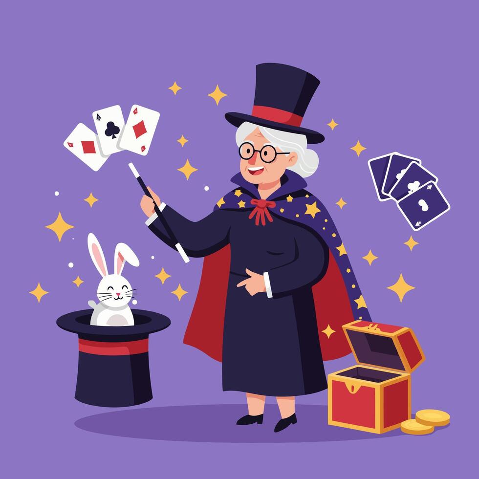 Performing Magic Show with Rabbit and Cards Using Magic Wand vector