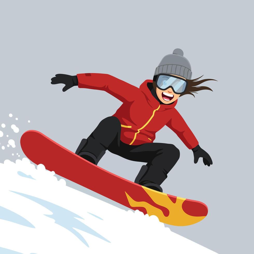Woman Snowboarding Downhill on Snowboard Wearing Winter Gear Illustration vector