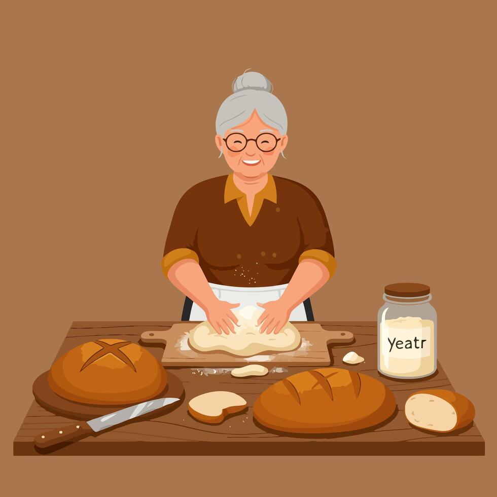 Woman Kneading Dough for Bread Baking Process at Home vector