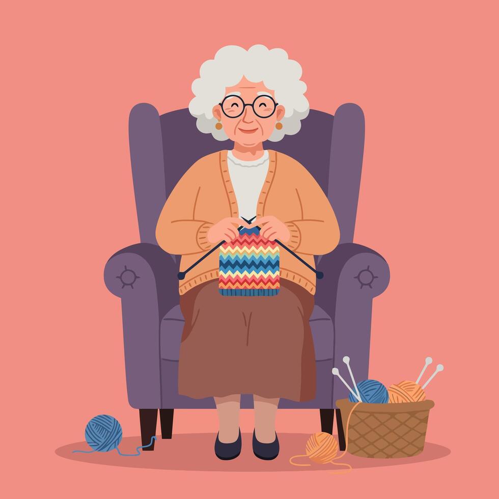 Woman Sitting in Chair Knitting Colorful Wool Artwork Illustration vector