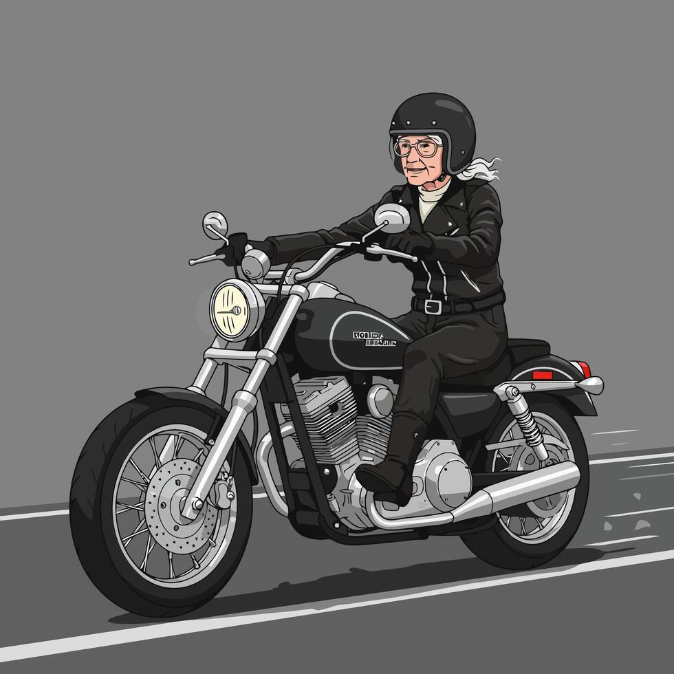 Woman Riding Motorcycle with Helmet and Leather Jacket on Road vector