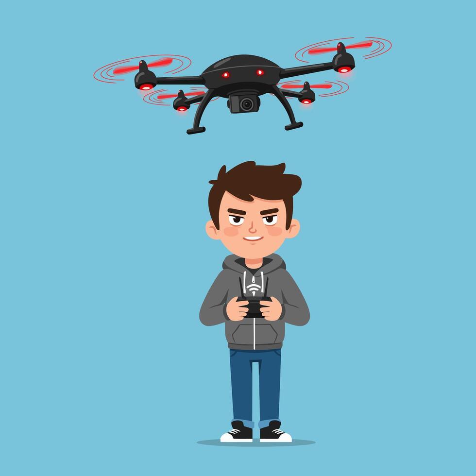 Flying Drone Controlled by Boy on Blue Background Simple Illustration vector