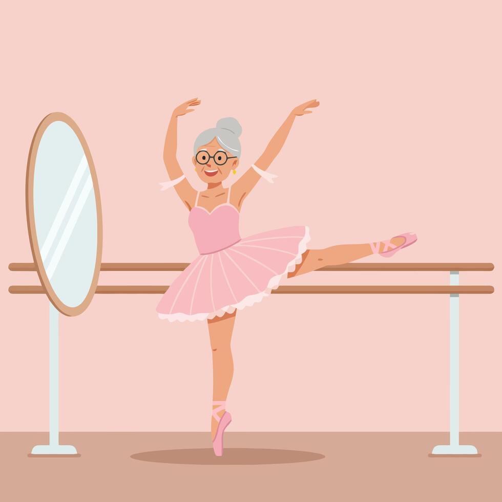 Senior Woman Practicing Ballet Position at the Barre in Studio vector