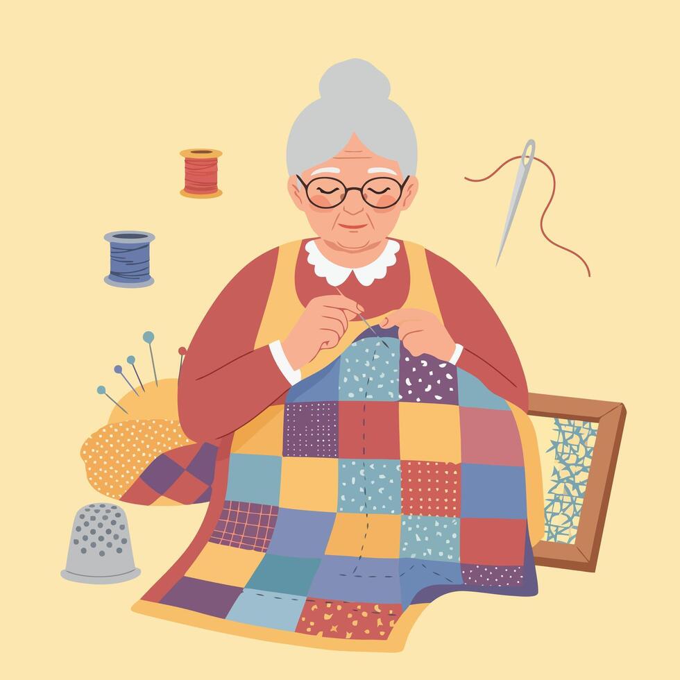 Person Sewing Colorful Patchwork Quilt with Needle and Thread Illustration vector