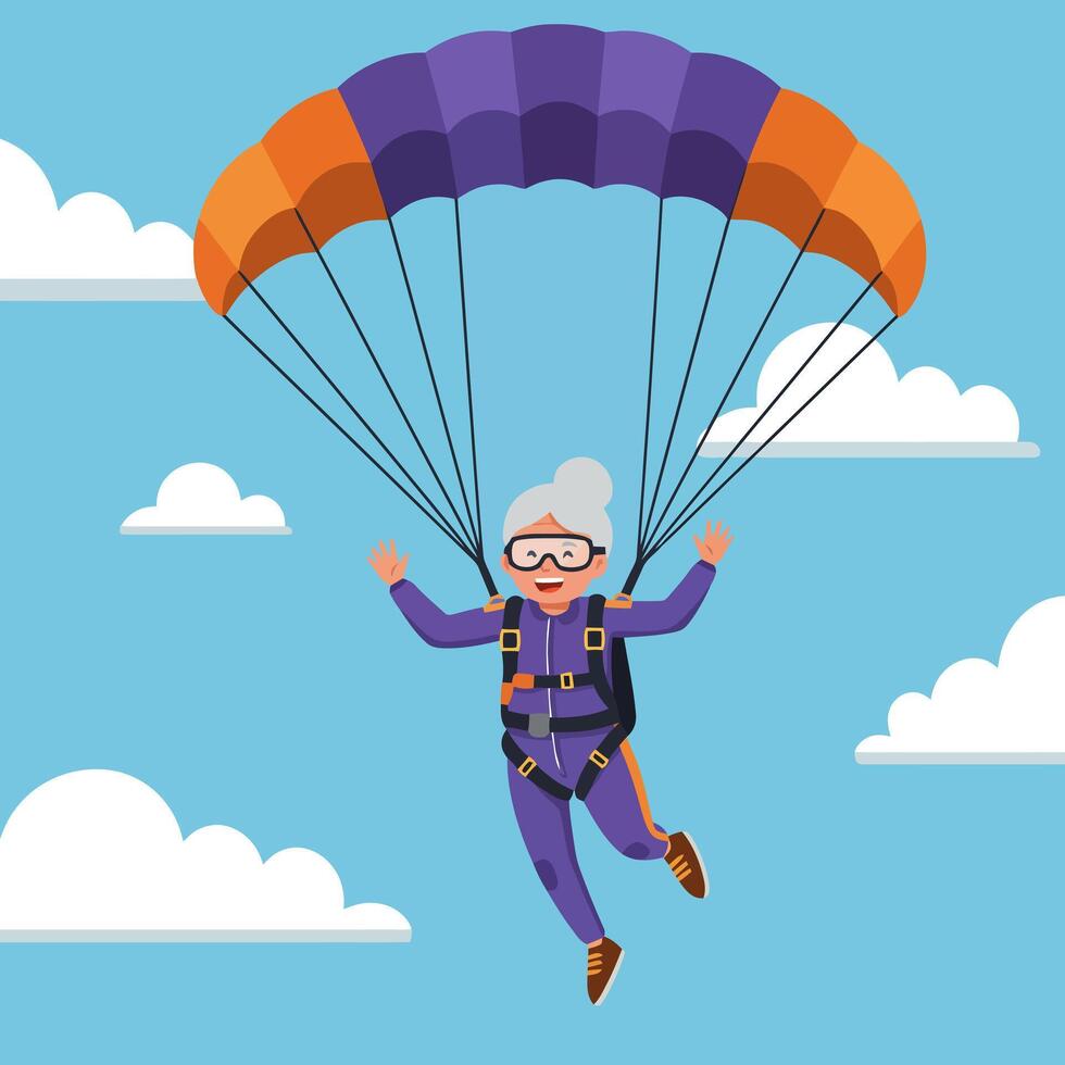 Woman Parachuting with Open Arms Against a Light Blue Sky vector
