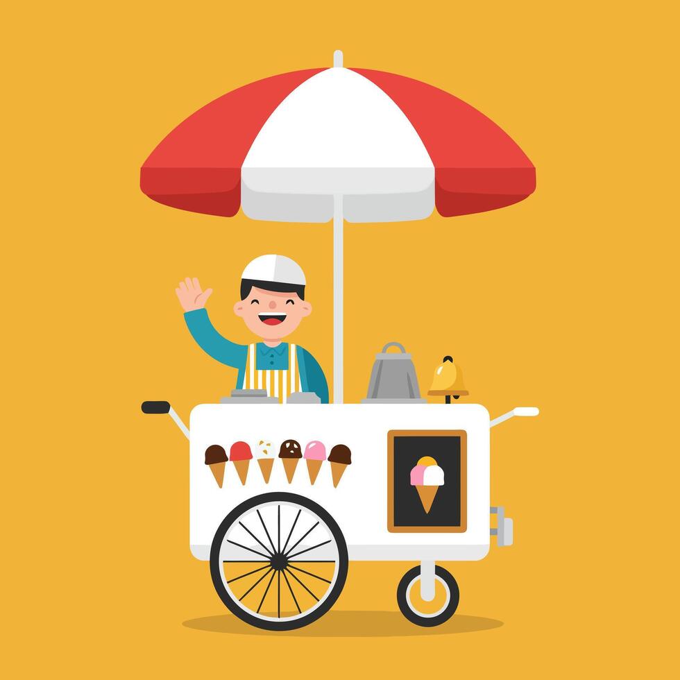 Selling Ice Cream Cart with Vendor Waving Hand on Yellow Backdrop vector