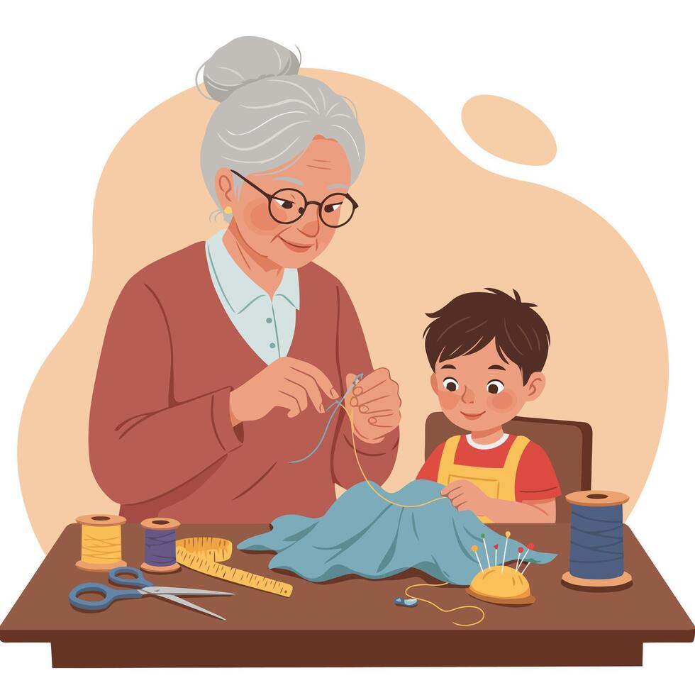 Grandmother Sewing with Grandson Teaching Textile Craft at Table vector