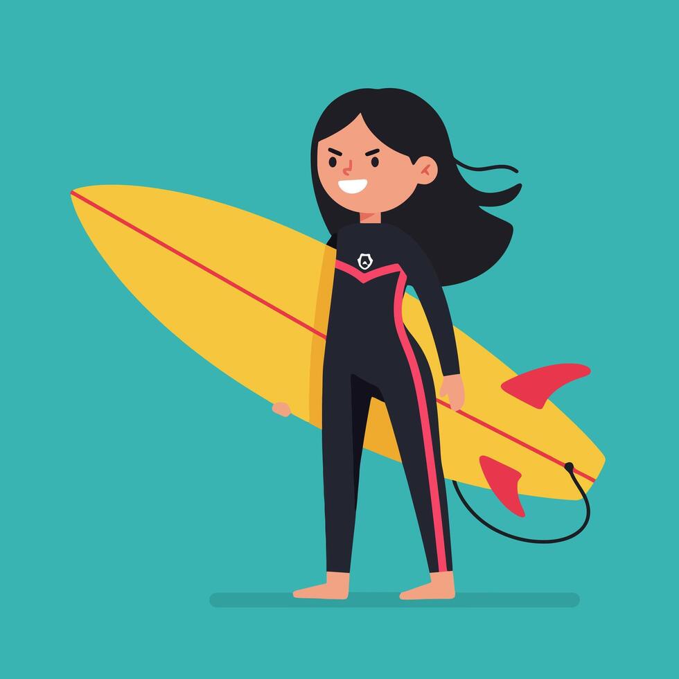 Woman Carrying Surfboard in Wetsuit Ready for Surfing Adventure vector