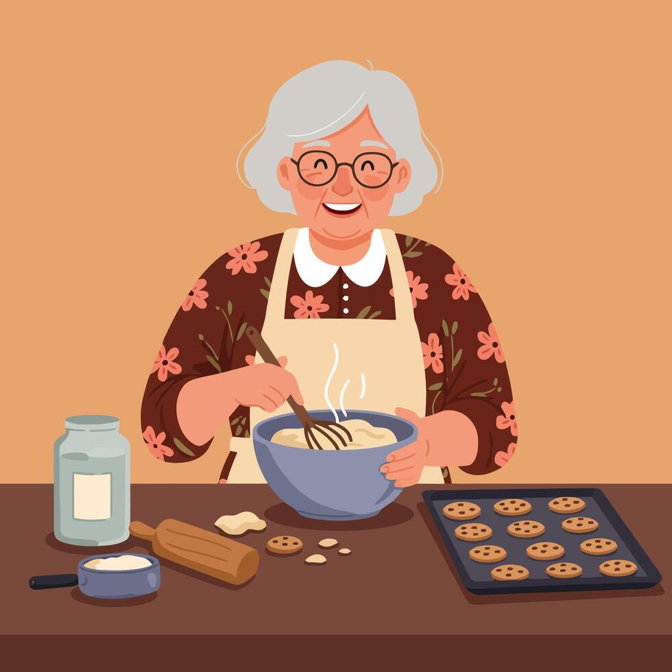 Woman Baking Cookies at Home, Mixing Dough in Bowl Cartoon vector