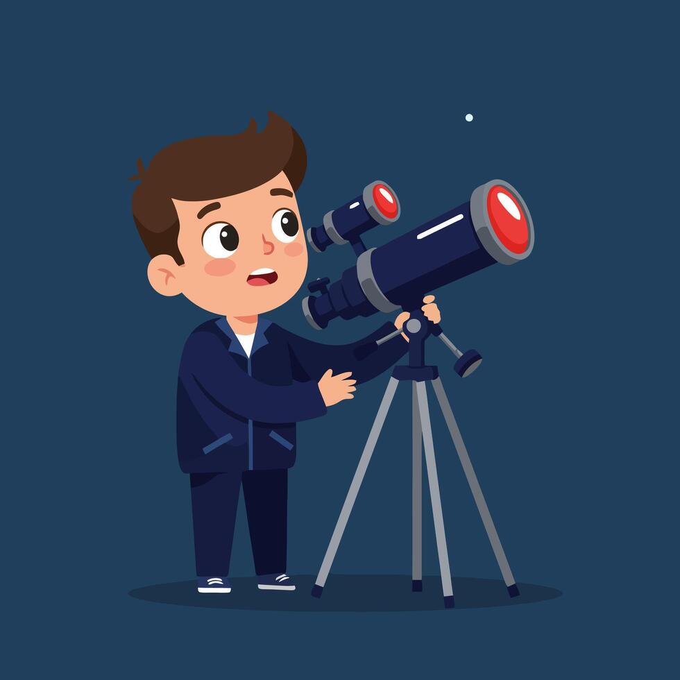 Boy Looking Through a Telescope Discovering Distant Star in the Sky vector