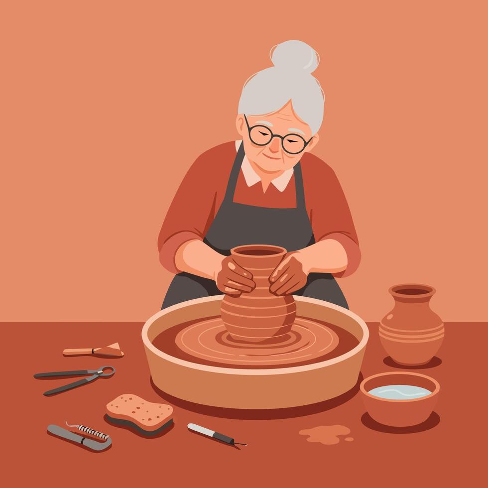 Woman Crafting Ceramic Pot on Pottery Wheel in Studio Setting vector
