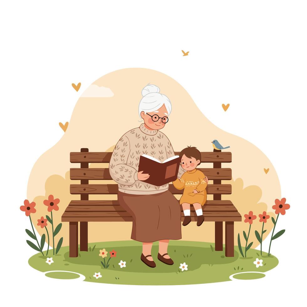 Grandmother Reading Book to Child on Park Bench with Flowers vector