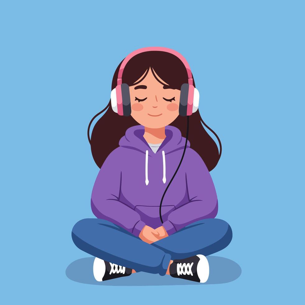 Girl Listening Music with Headphones Sitting Cross-legged in Relaxation vector