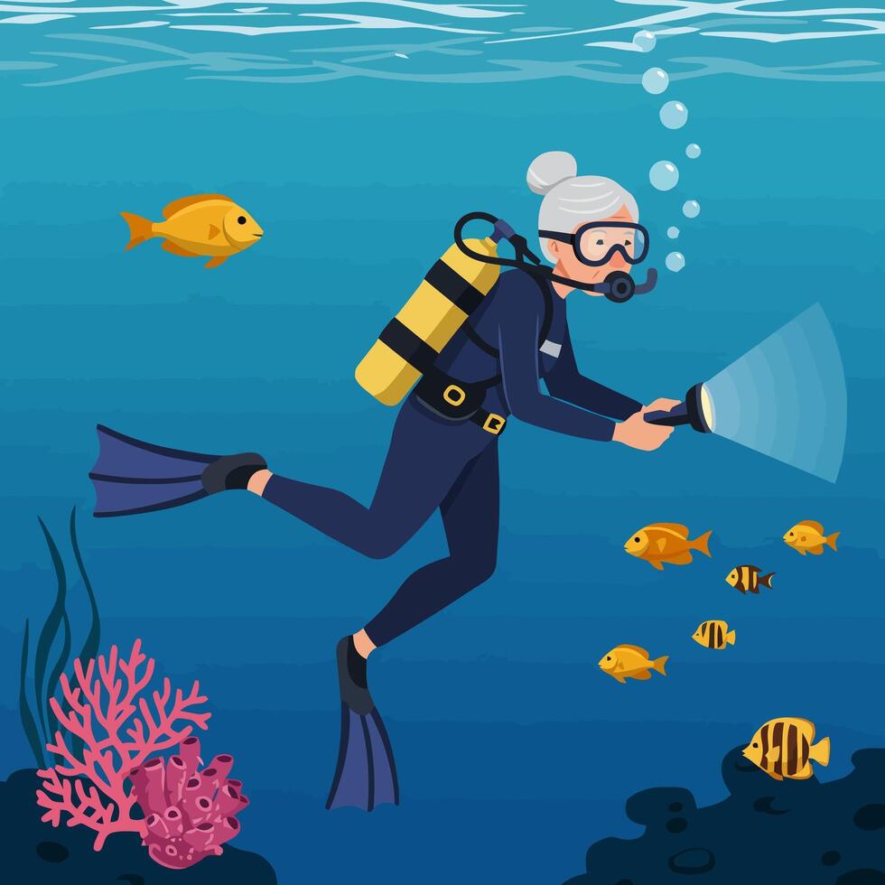 Woman Diving with Fishes and Coral Underwater Using Dive Light vector