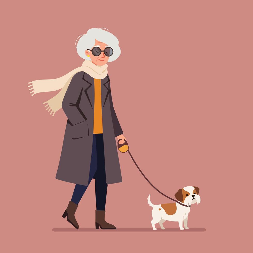 Woman Walking Dog Wearing Coat and Scarf in a Cartoon Style vector