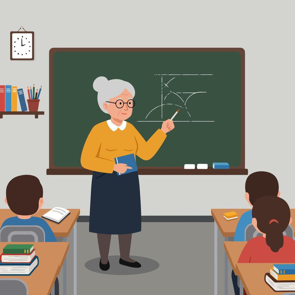 Teacher Explaining Geometry on Blackboard to Students in Classroom Setting vector
