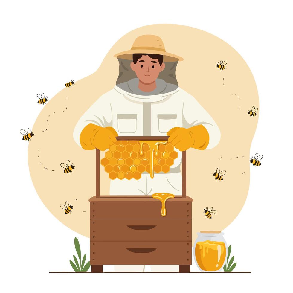 Beekeeper Holding Honeycomb with Dripping Honey Surrounded by Flying Bees vector