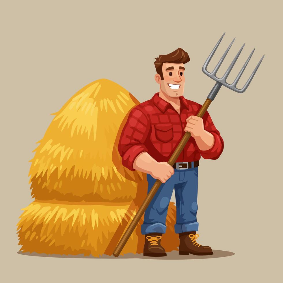 Farmer Holding Pitchfork Standing by Hay Bale in Cartoon Style vector