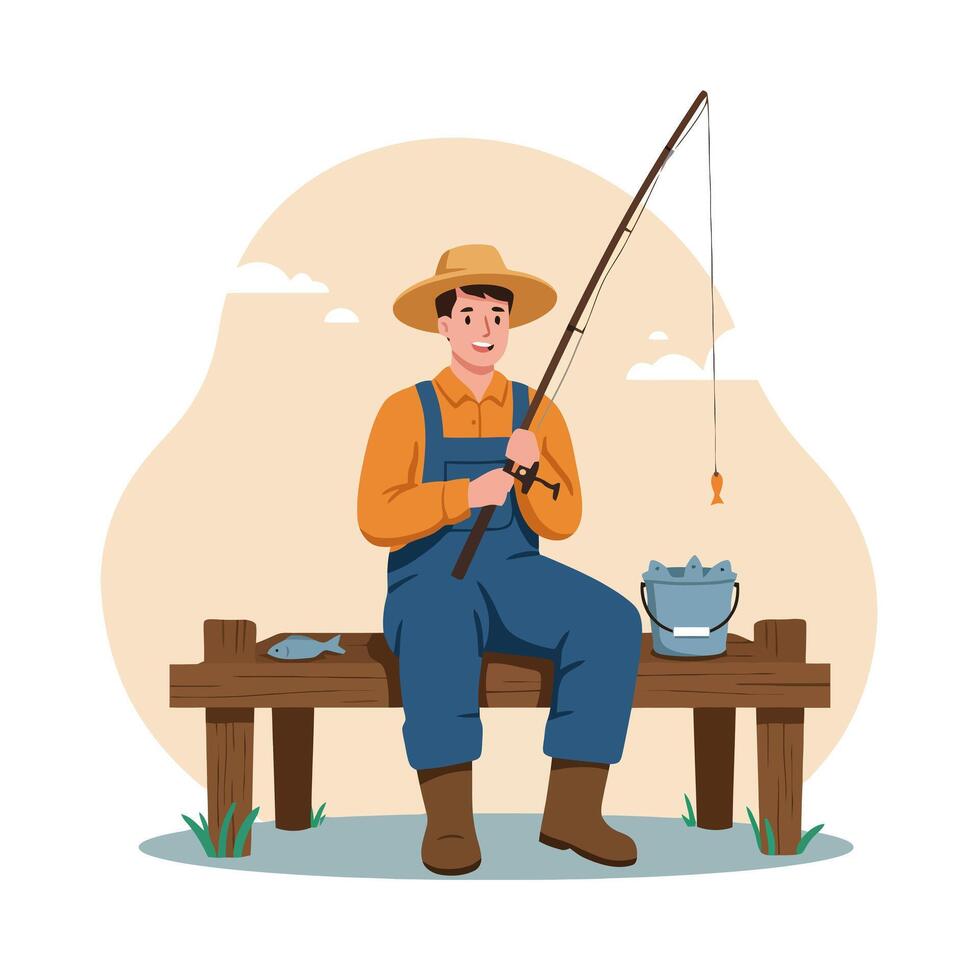 Fisherman Sitting on Dock Catching Fish with Rod and Bucket vector
