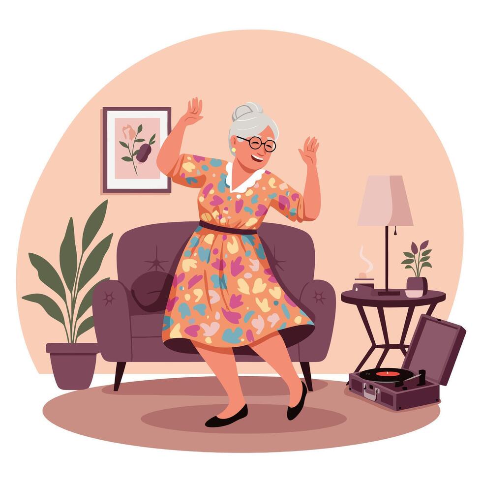 Woman Dancing to Music in the Living Room Illustration vector