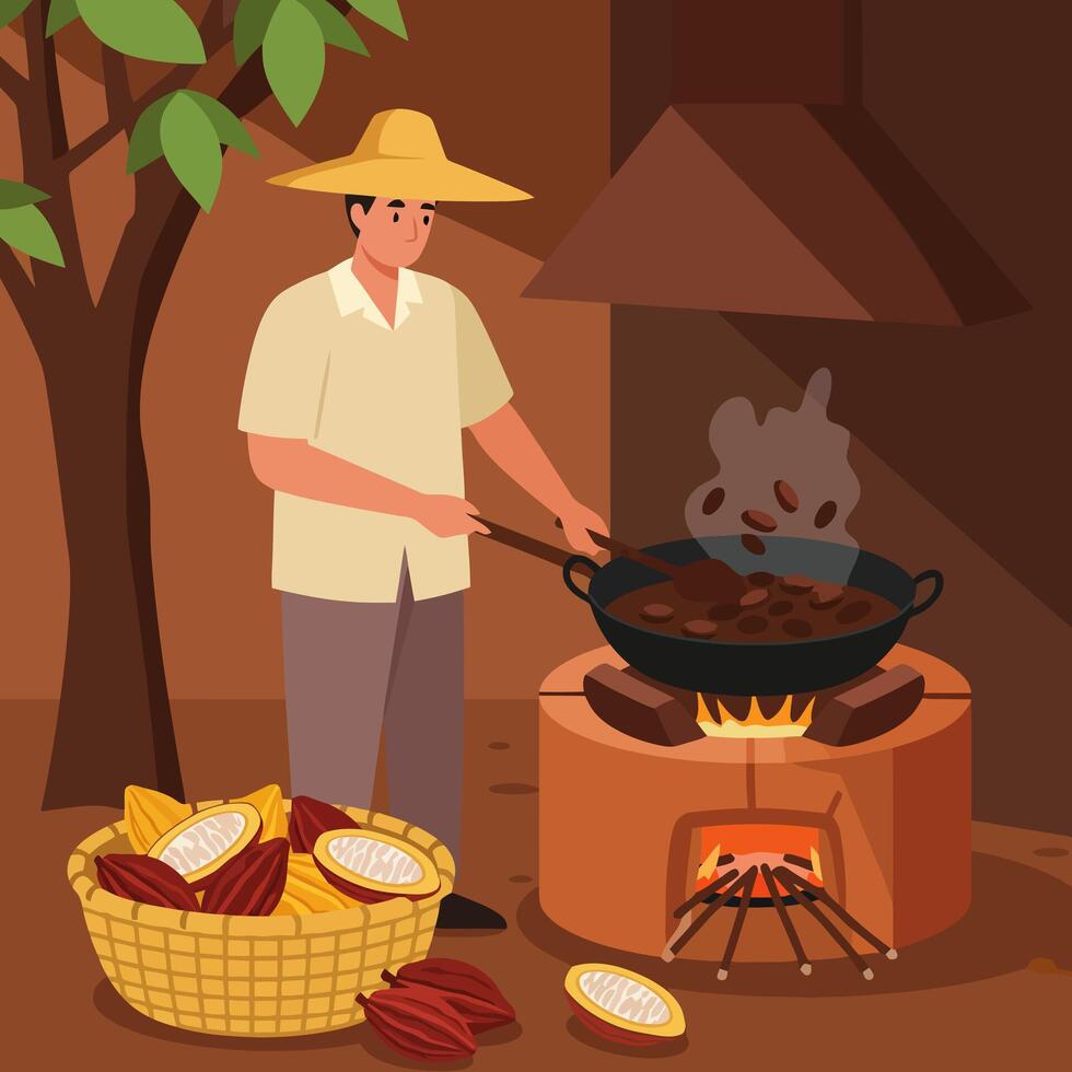 Man Cooking Cacao Beans Over Fire in Rural Setting Illustration vector