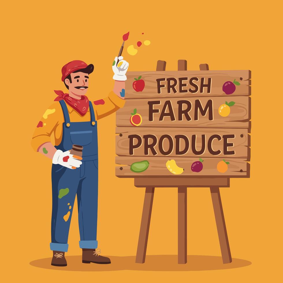 Farmer Painting Fresh Farm Produce Sign with Fruits and Vegetables vector