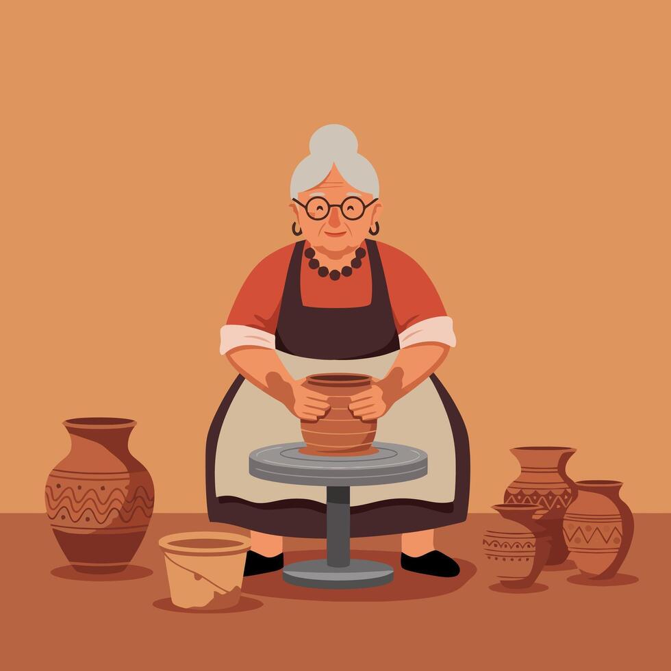 Woman Shaping Clay on Pottery Wheel Creating Vessels Illustration vector