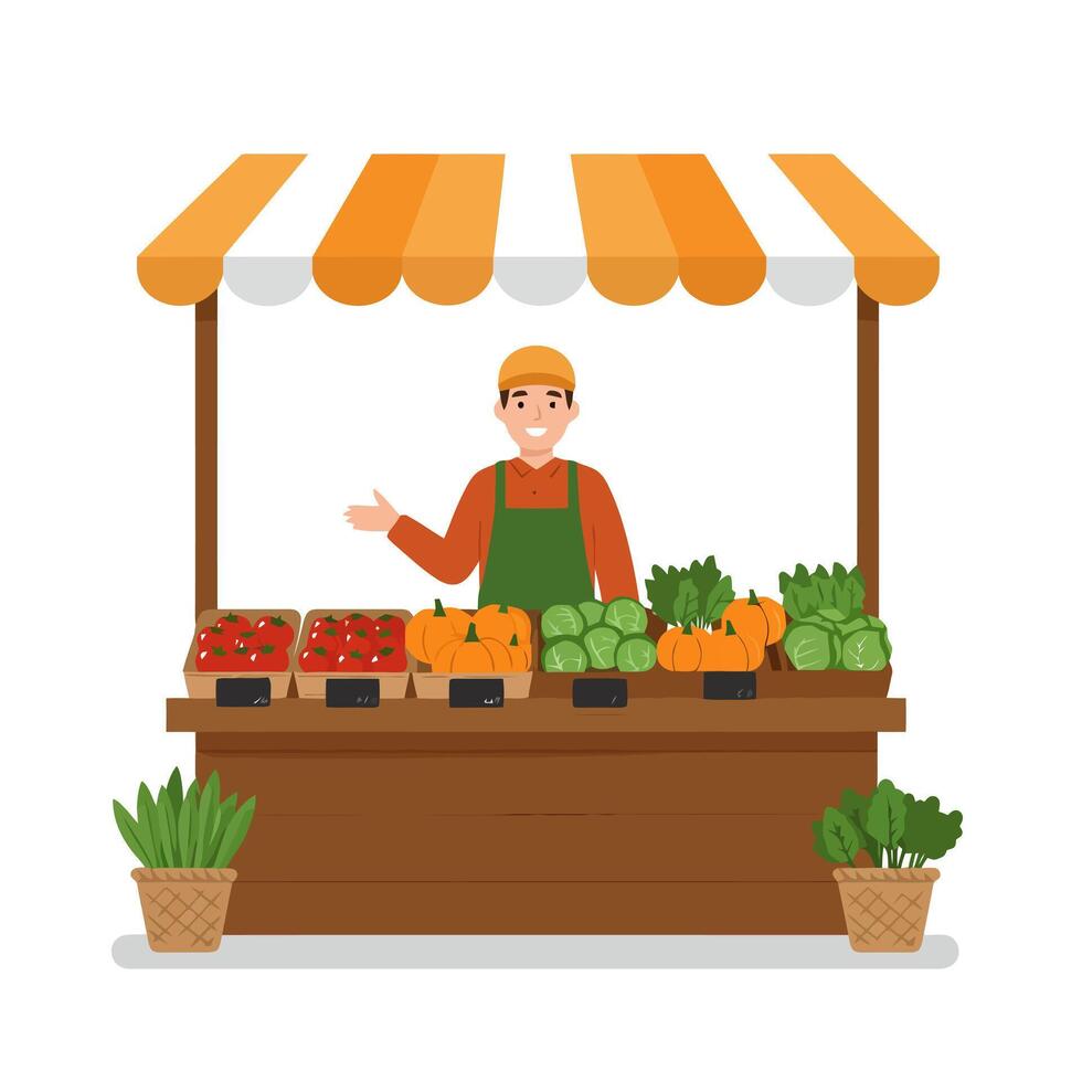 Selling Fresh Produce at Farmers Market with Smiling Vendor vector