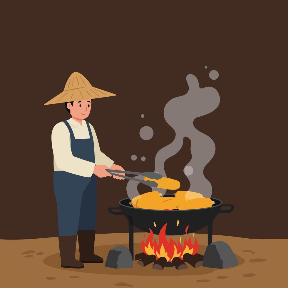 Man Cooking Corn on Open Fire in Rural Outdoor Setting vector
