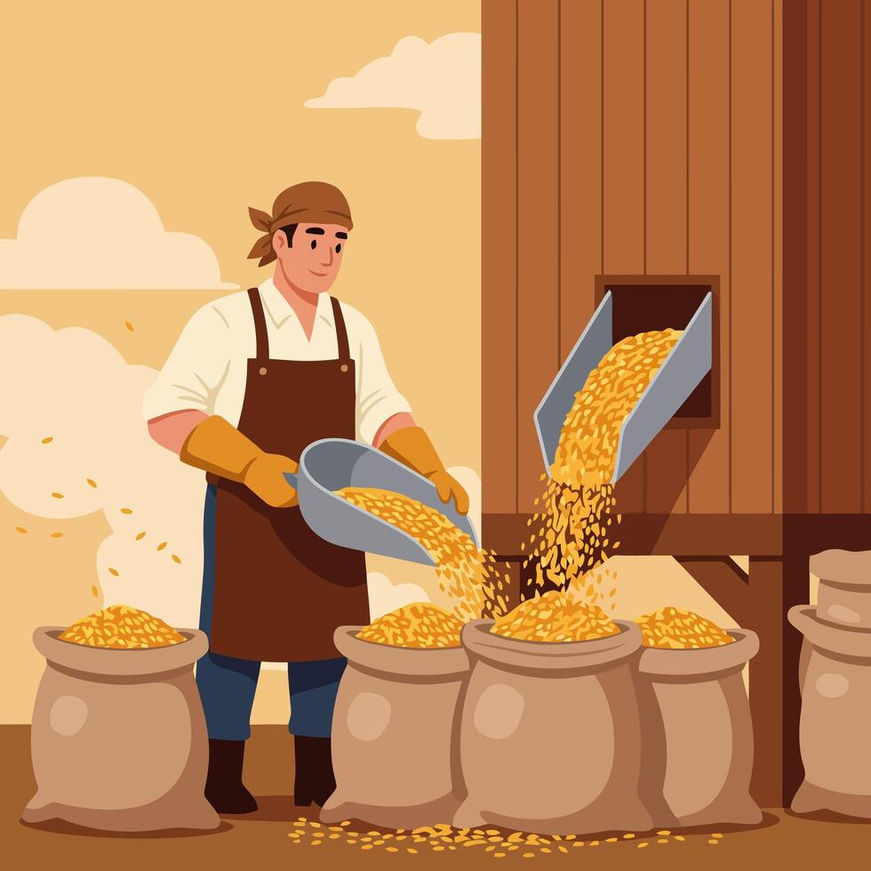 Grain Loading Into Sacks Worker Filling Bags with Cereal Harvest vector