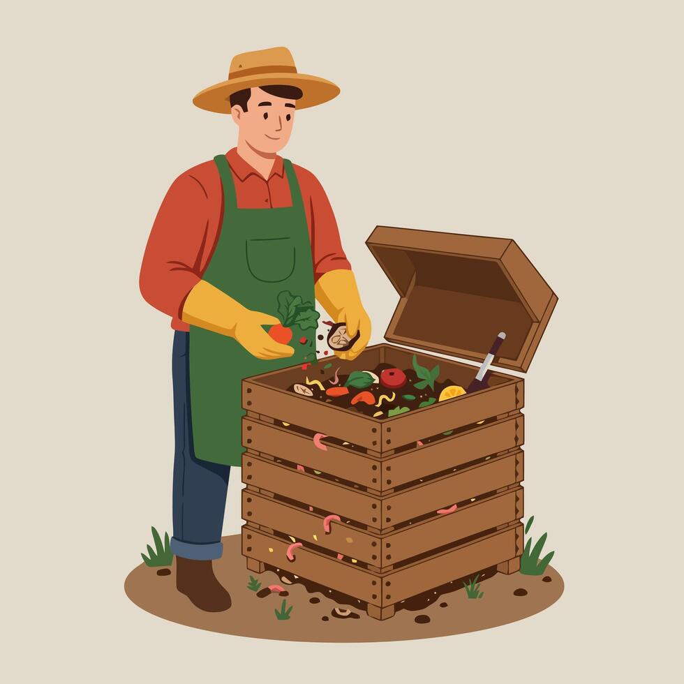 Man Composting Food Scraps in Wooden Bin for Sustainable Gardening vector