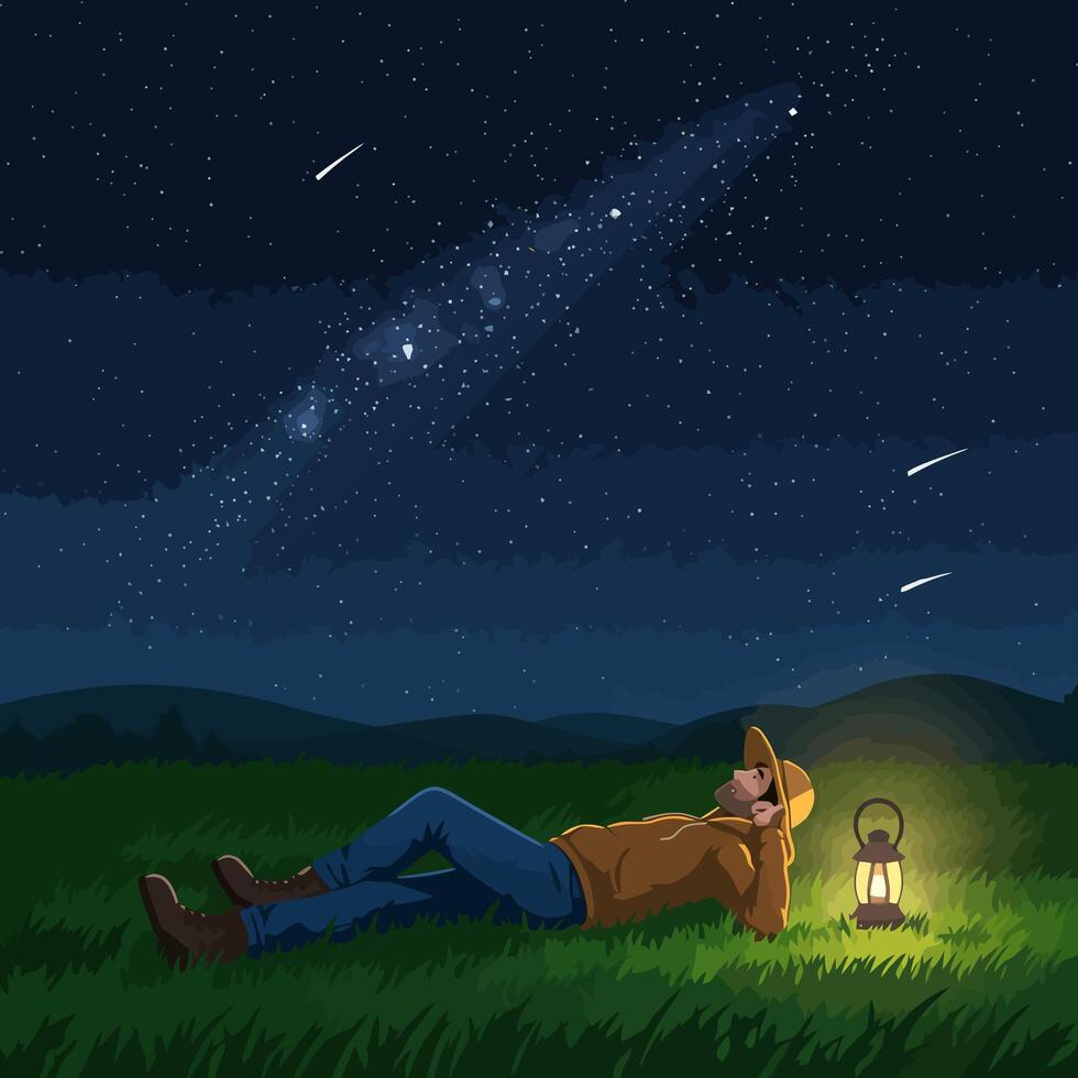 Man Lying on Grass Gazing at Night Sky with Stars vector
